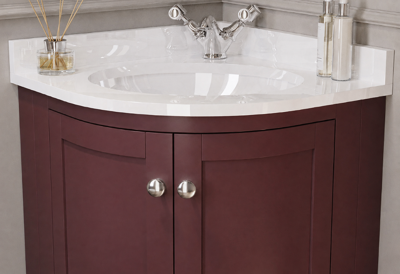 Corner Basin Vanity Unit with Chrome Handles